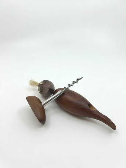 Vintage Weinöffner in Vogelform von Arne Basse, Dänemark, Teak mit integriertem Korkenzieher, Mid Century Designobjekt der 60er-Jahre.