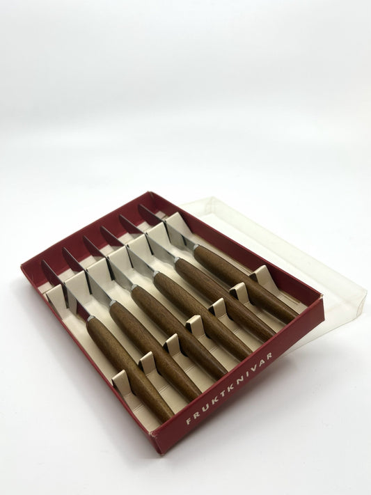 Vintage Fruchtmesser-Set mit Griffen aus Teakholz, originalverpackt – skandinavisches Design aus Schweden, 60er Jahre