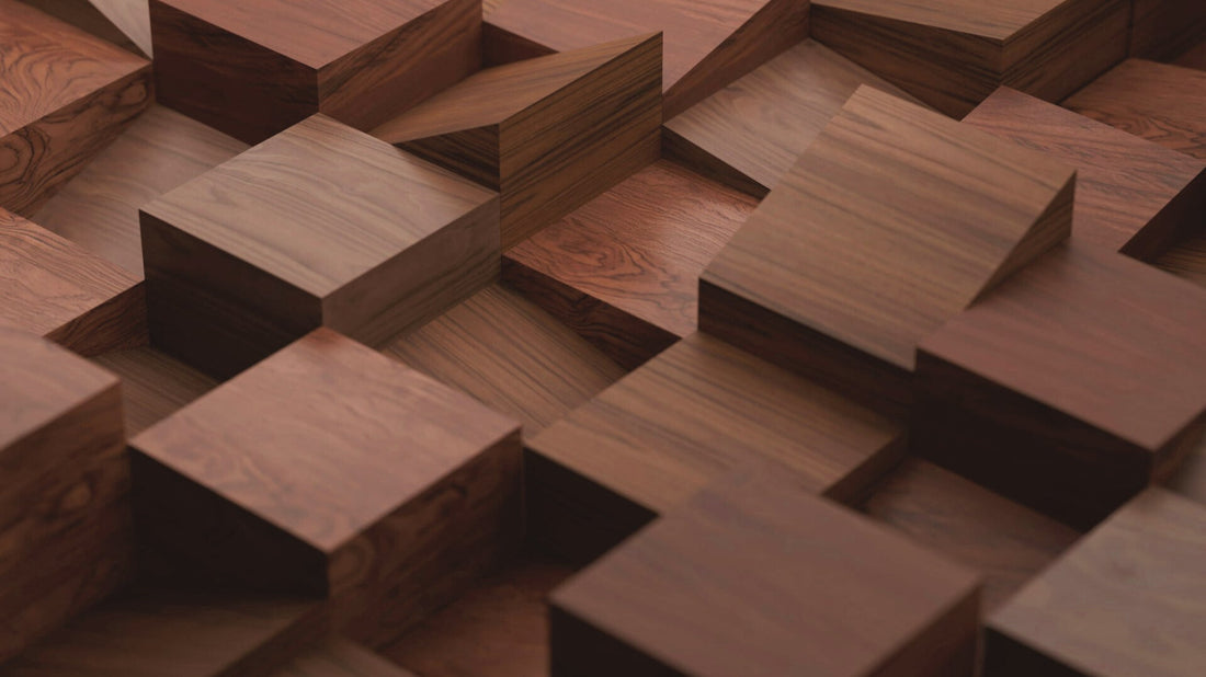 Abstrakte Anordnung von Teakholz-Blöcken: Natürliche Maserung und warme Brauntöne in geometrischer Komposition – zeitloses skandinavisches Design und handwerkliche Holzverarbeitung