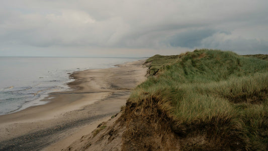 Dünenlandschaft auf Bornholm in Dänemark mit Sandstrand, Meer und bewölktem Himmel