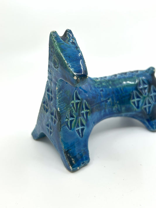 Nahaufnahme Aldo Londi Bitossi Keramik Pferd, handgefertigte italienische Mid Century Figur in kräftigem Blau
