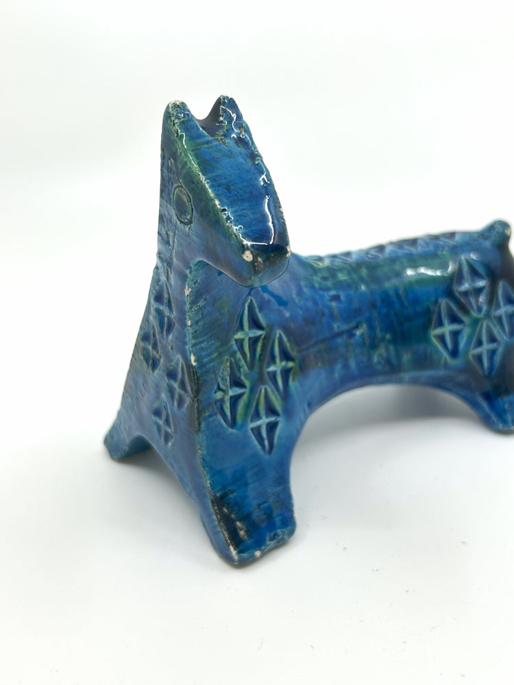 Nahaufnahme Aldo Londi Bitossi Keramik Pferd, handgefertigte italienische Mid Century Figur in kräftigem Blau