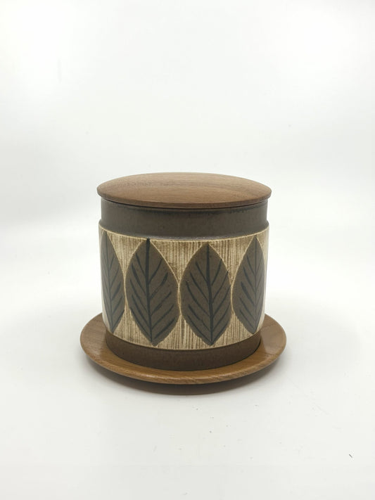 Vintage Keramikdose von Karl Holmberg / Upsala Ekeby mit Teakholzdeckel und Untersetzer, Schweden 60er Jahre, Mid Century Modern.