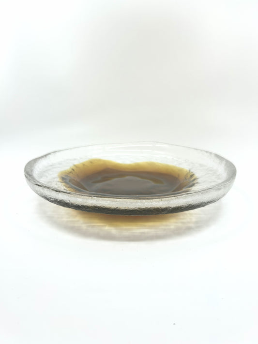 Flache Pertti Santalahti Glasschale, Humppila 70s, skandinavisches Mid Century Modern Dekor in Braun und Klarglas
