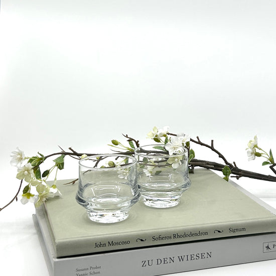 Vintage Marski Trinkgläser von Tapio Wirkkala für Iittala, Finnland, 1970er-Jahre. Klarglas im Stil der skandinavischen Moderne mit charakteristischem eingezogenem Standfuß auf Büchern mit einem Kitschblütenzweig