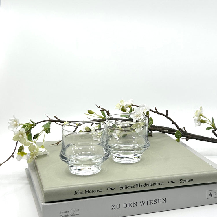 Vintage Marski Trinkgläser von Tapio Wirkkala für Iittala, Finnland, 1970er-Jahre. Klarglas im Stil der skandinavischen Moderne mit charakteristischem eingezogenem Standfuß auf Büchern mit einem Kitschblütenzweig
