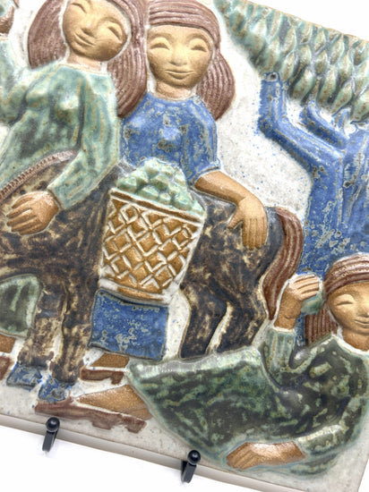 Detailansicht der Marianne Starck Wandkeramik, Michael Andersen & Søn, 60er-Jahre, handglasierte Figuren in typischer Farbgebung der skandinavischen Moderne.