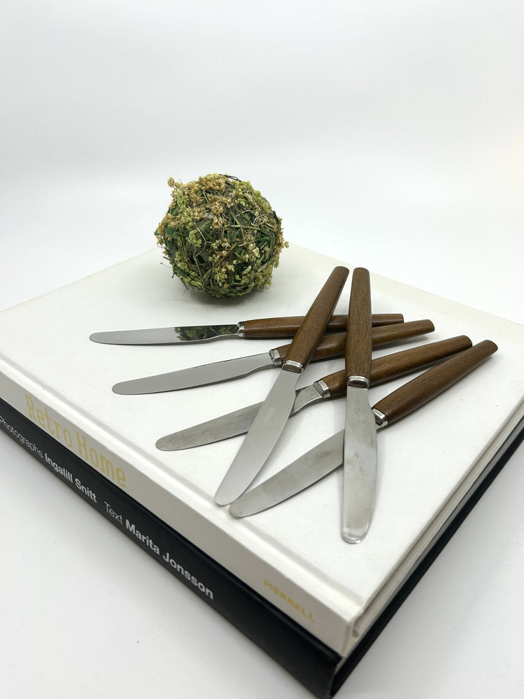 Schwedisches Teak-Messerset aus den 1960er Jahren – elegante Kombination aus Edelstahl und Teakholz im Stil der skandinavischen Mid Century Moderne